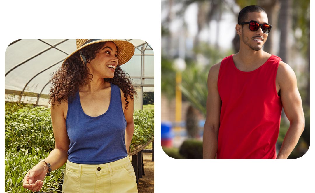 A woman wears a blue wholesale tank top, while a man is seen in a red tank top.